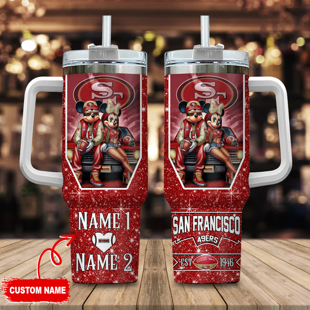 San Francisco 49ers NFL Mickey And Minnie Couple Custom Stanley Quencher 40oz Stainless Steel Tumbler With Handle