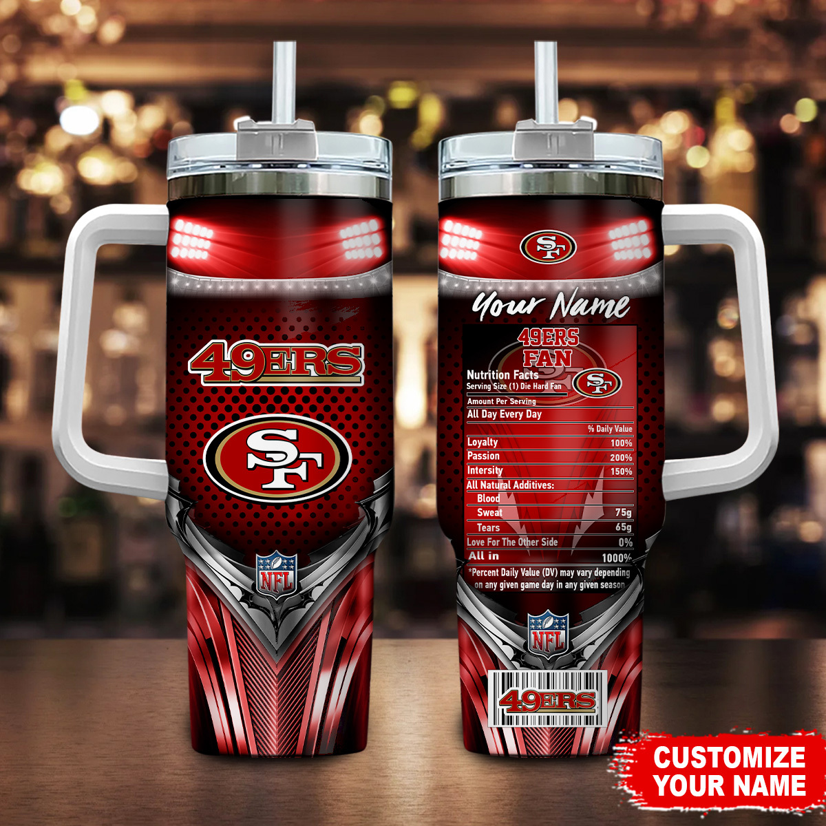 San Francisco 49ers NFL Nutrition Facts Custom Stanley Quencher 40oz Stainless Steel Tumbler With Handle