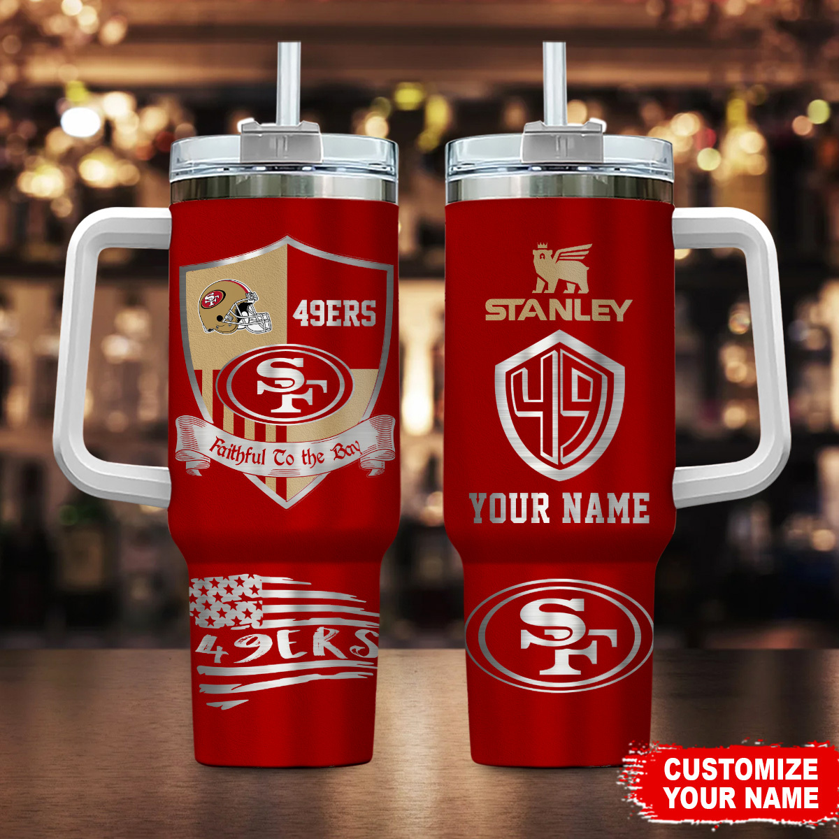 San Francisco 49ers NFL Silver Logo Custom Stanley Quencher 40oz Stainless Steel Tumbler With Handle