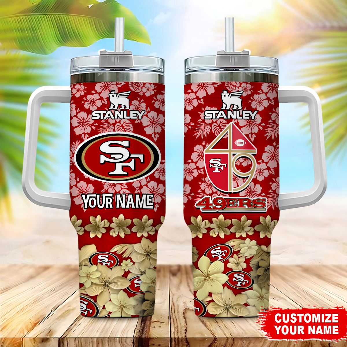 San Francisco 49ers NFL Tropical Floral Custom Stanley Quencher 40oz Stainless Steel Tumbler With Handle