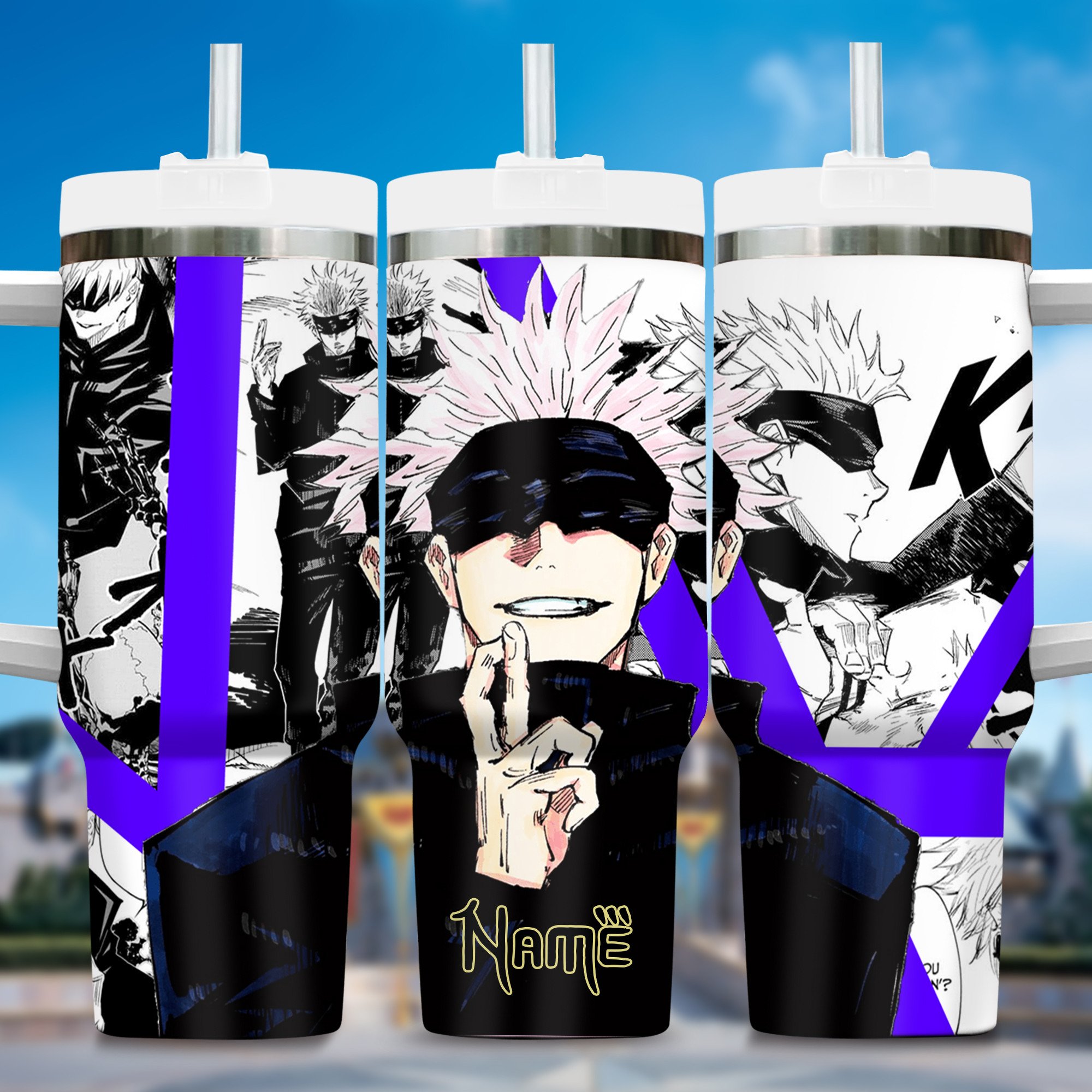 Satoru Gojo Jujutsu Kaisen Anime Custom Stanley Quencher 40oz Stainless Steel Tumbler With Handle