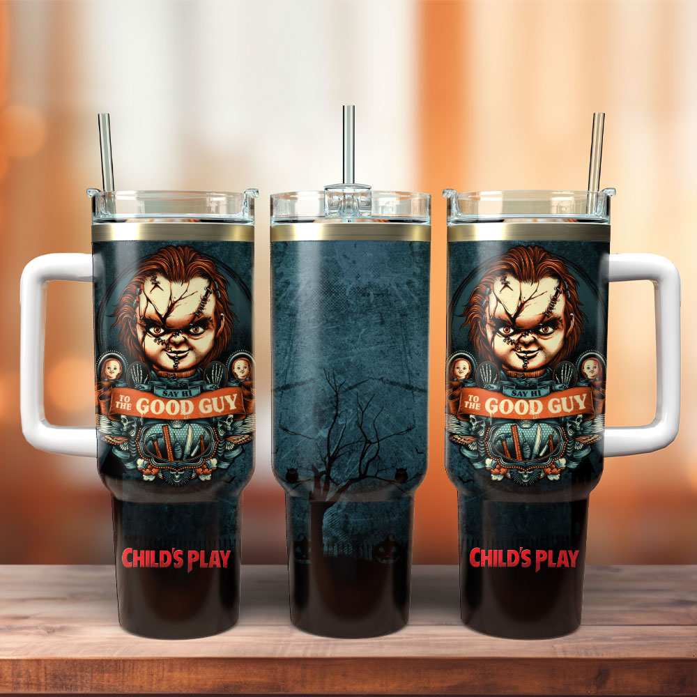 Say Hi To The Good Guy Chucky Horror Halloween Movie Custom Stanley Quencher 40oz Stainless Steel Tumbler With Handle