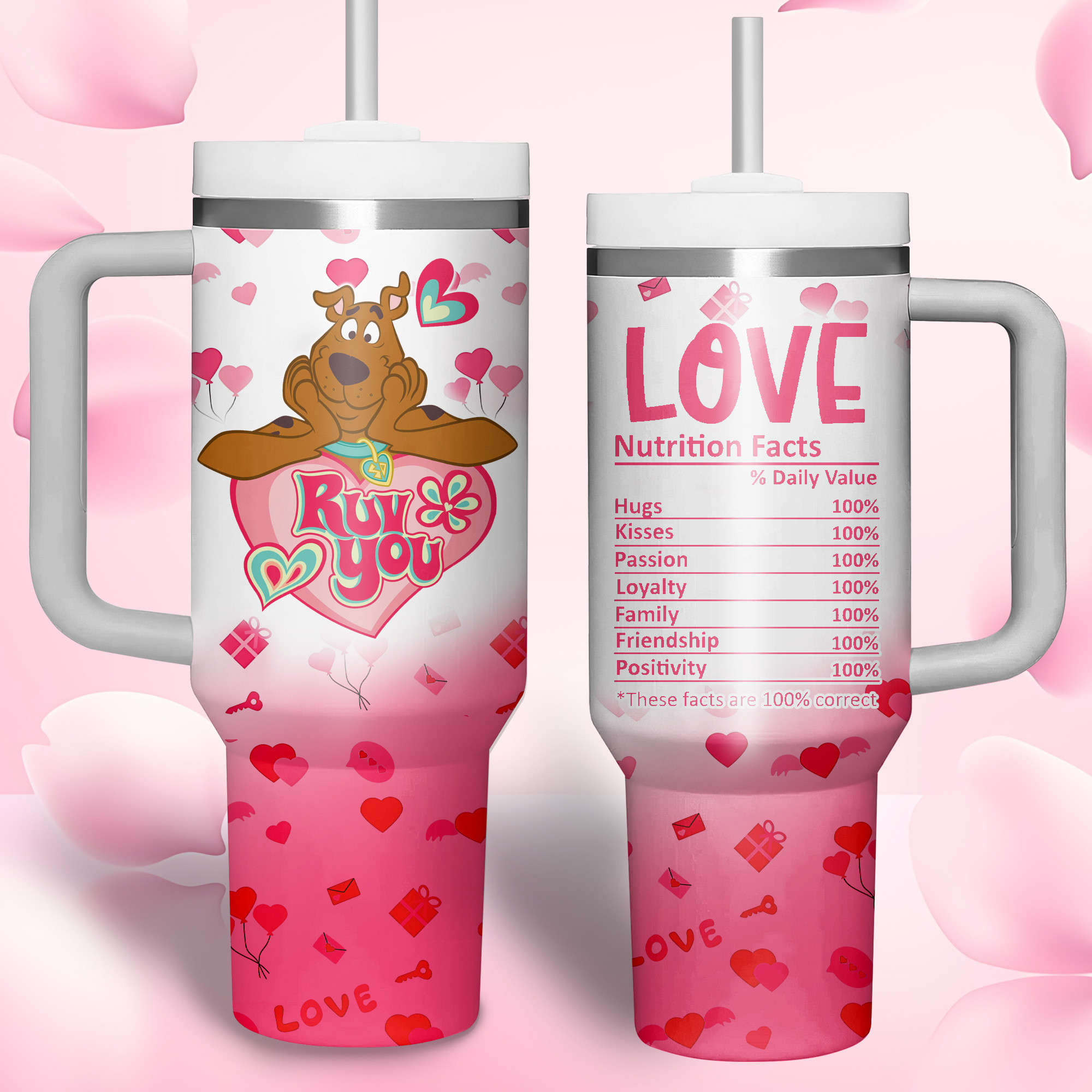 Scooby-Doo Cartoon Valentine Custom Stanley Quencher 40oz Stainless Steel Tumbler With Handle