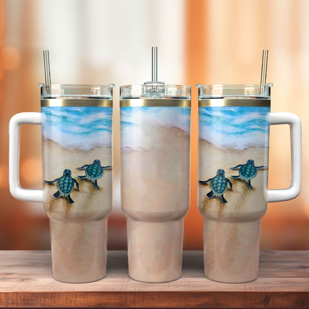 Sea Turtle Artwork Custom Stanley Quencher 40oz Stainless Steel Tumbler With Handle
