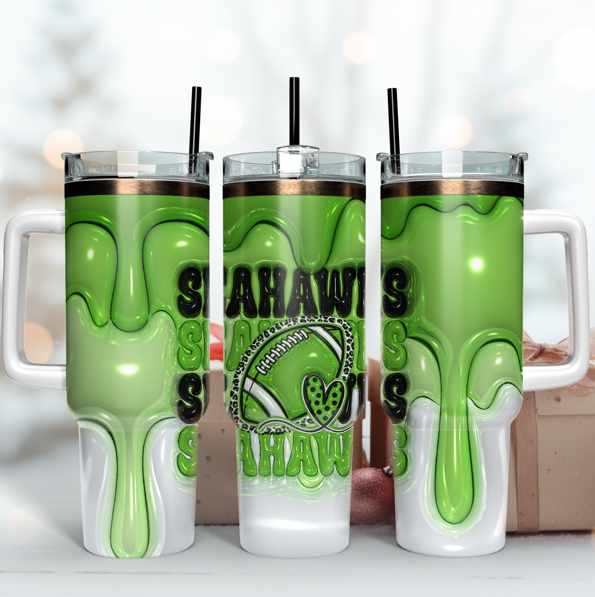 Seattle Seahawks NFL 3D Inflated Puff Effect Custom Stanley Quencher 40oz Stainless Steel Tumbler With Handle