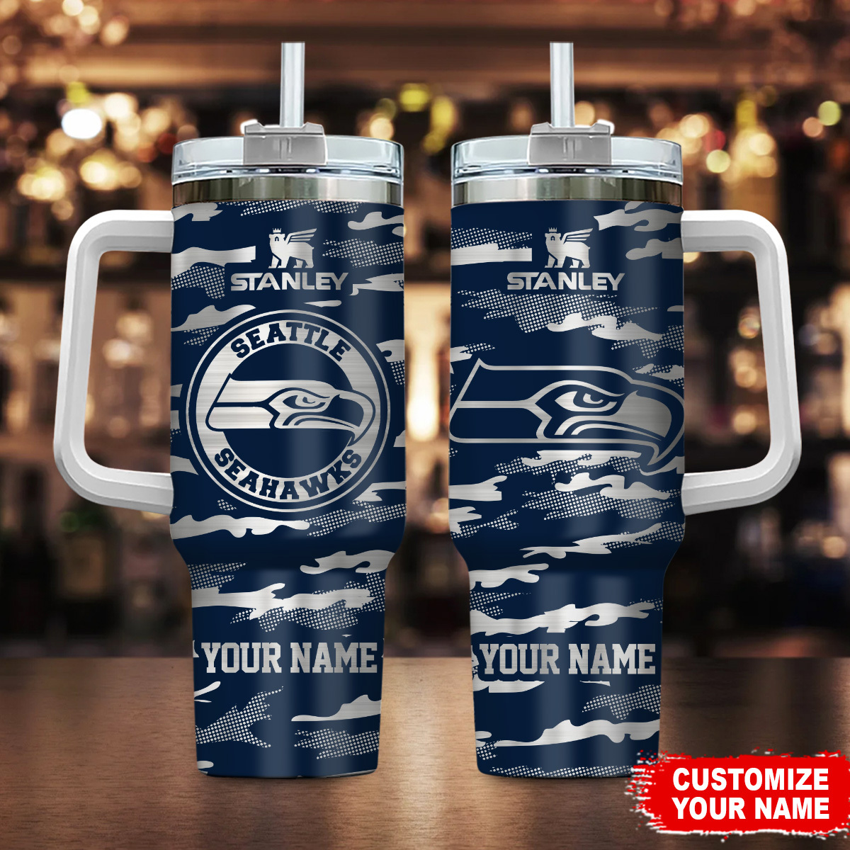 Seattle Seahawks NFL Camo Pattern Custom Stanley Quencher 40oz Stainless Steel Tumbler With Handle