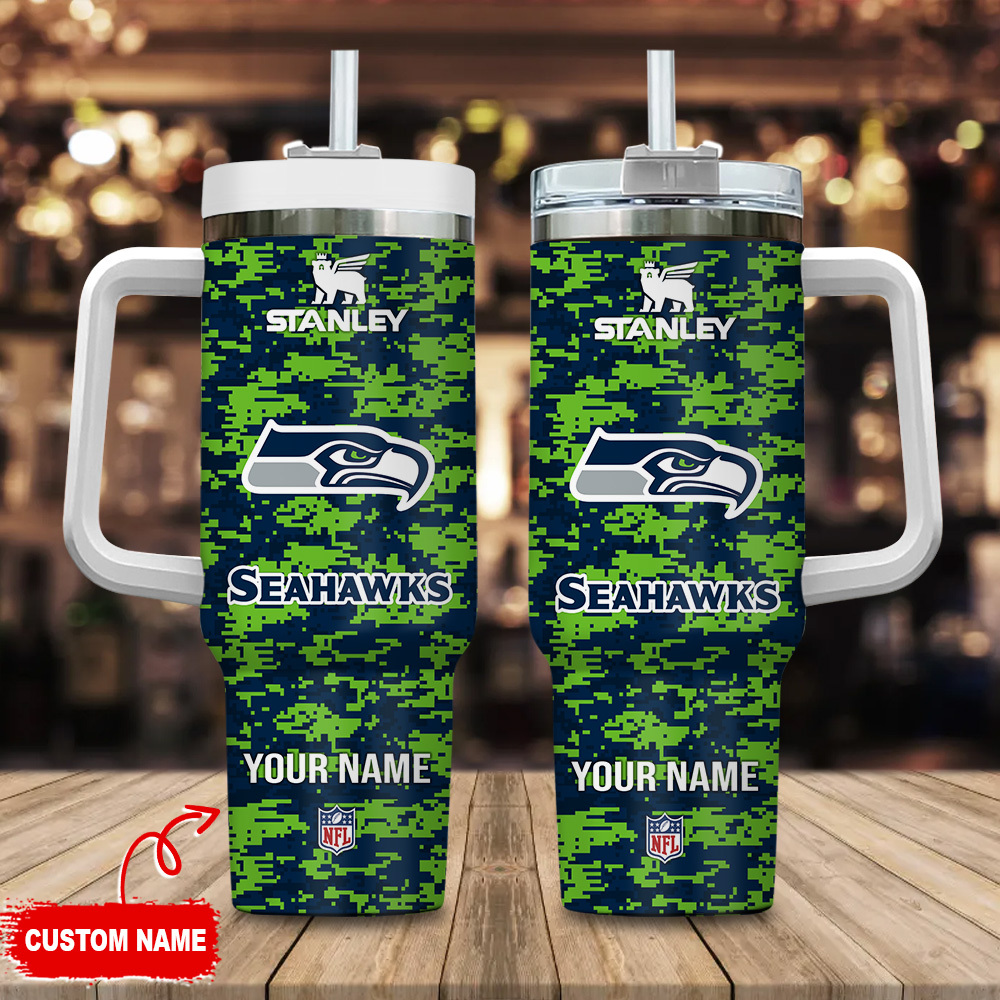 Seattle Seahawks NFL Camouflage Custom Stanley Quencher 40oz Stainless Steel Tumbler With Handle