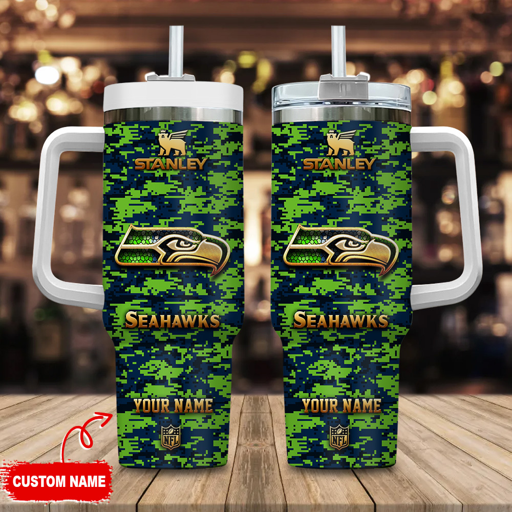 Seattle Seahawks NFL Camouflage Golden Logo Custom Stanley Quencher 40oz Stainless Steel Tumbler With Handle