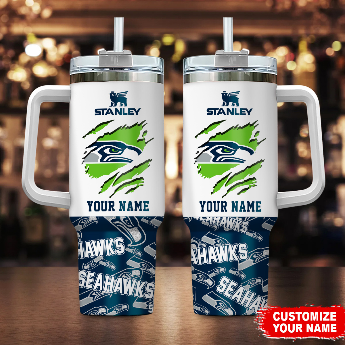 Seattle Seahawks NFL Custom Stanley Quencher 40oz Stainless Steel Tumbler With Handle