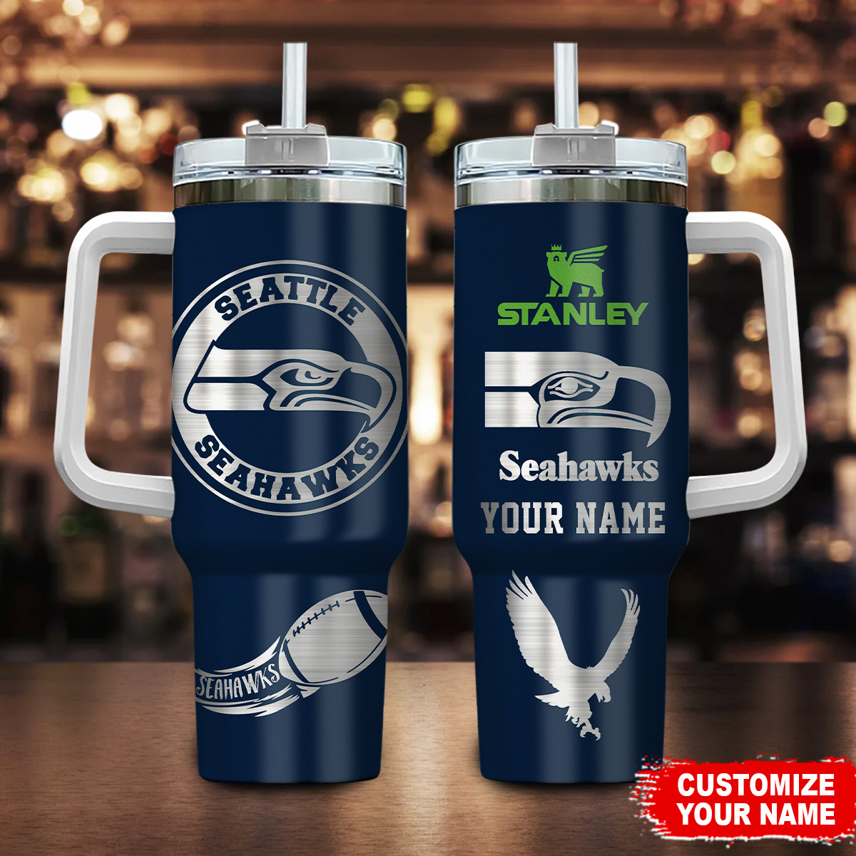 Seattle Seahawks NFL Custom Stanley Quencher 40oz Stainless Steel Tumbler With Handle