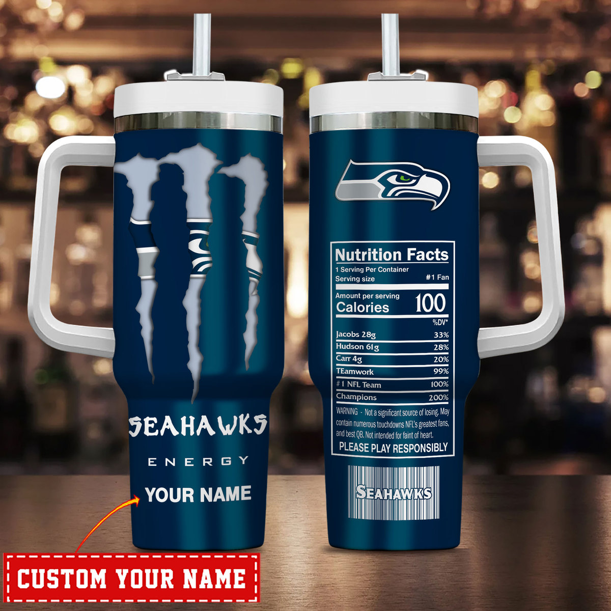 Seattle Seahawks NFL Energy Nutrition Facts Custom Stanley Quencher 40oz Stainless Steel Tumbler With Handle