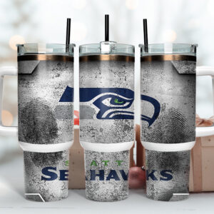 Seattle Seahawks NFL Fingerprint Effect Custom Stanley Quencher 40oz Stainless Steel Tumbler With Handle