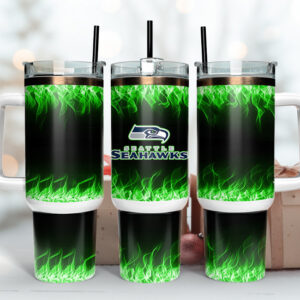 Seattle Seahawks NFL Fire Effect Custom Stanley Quencher 40oz Stainless Steel Tumbler With Handle