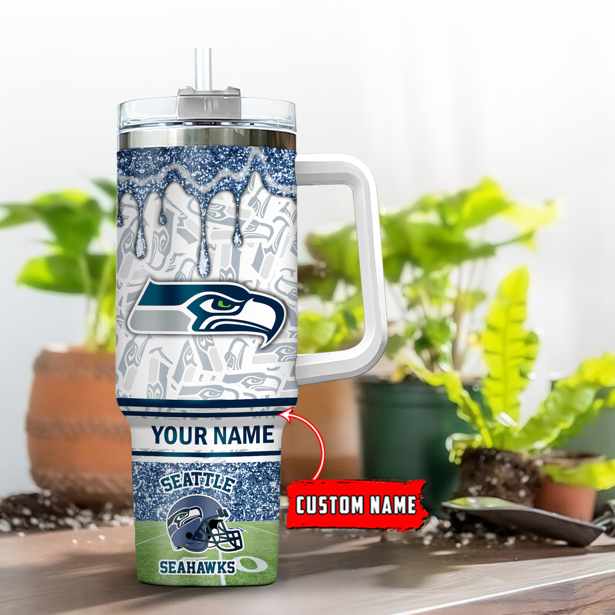Seattle Seahawks NFL Glitter Custom Stanley Quencher 40oz Stainless Steel Tumbler With Handle