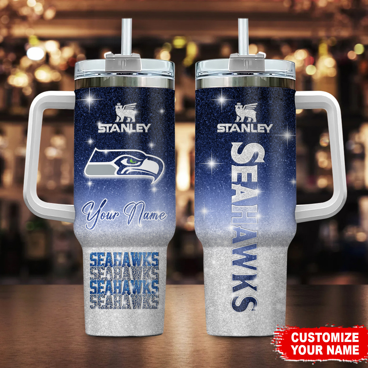 Seattle Seahawks NFL Glitter Custom Stanley Quencher 40oz Stainless Steel Tumbler With Handle