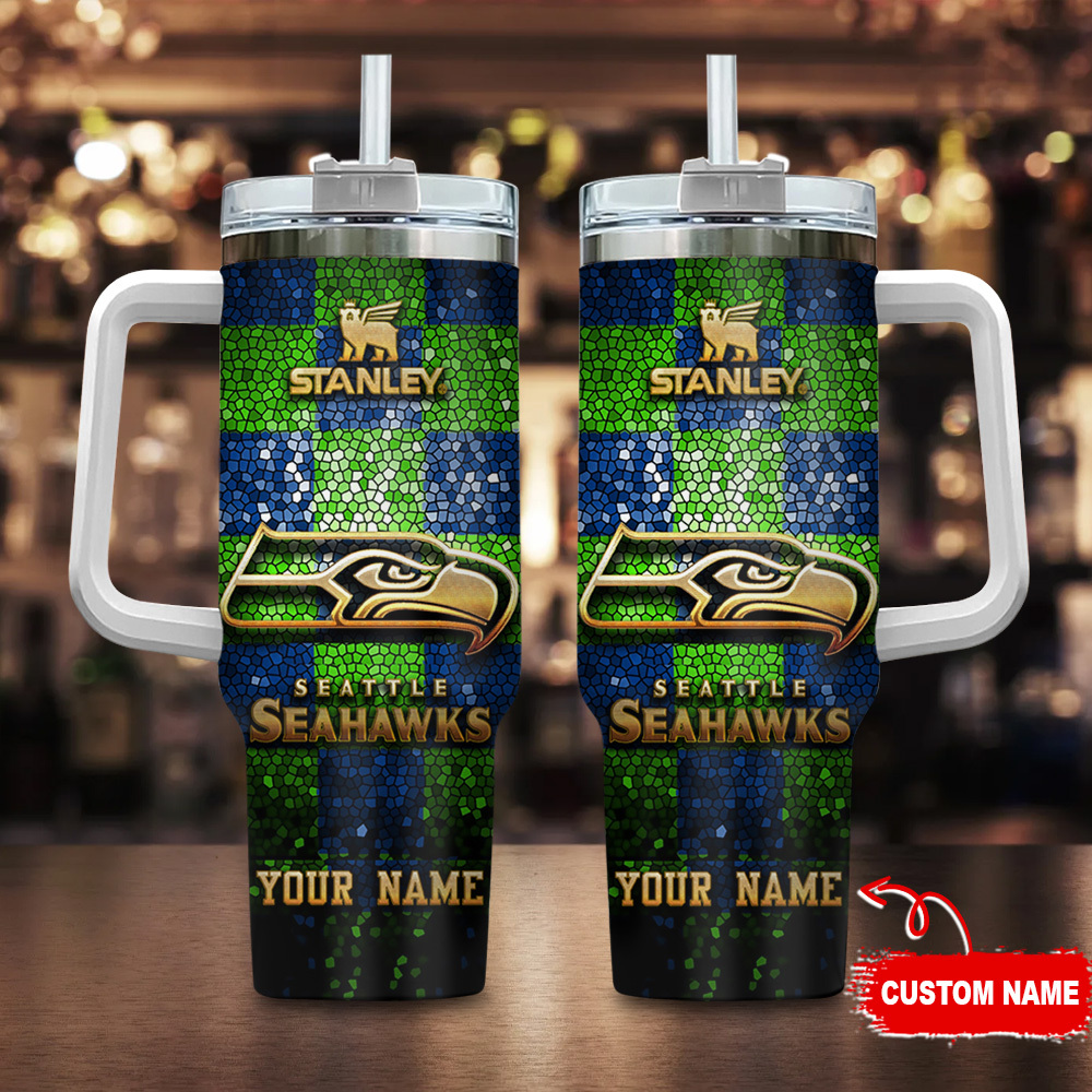 Seattle Seahawks NFL Glitter Golden Logo Custom Stanley Quencher 40oz Stainless Steel Tumbler With Handle