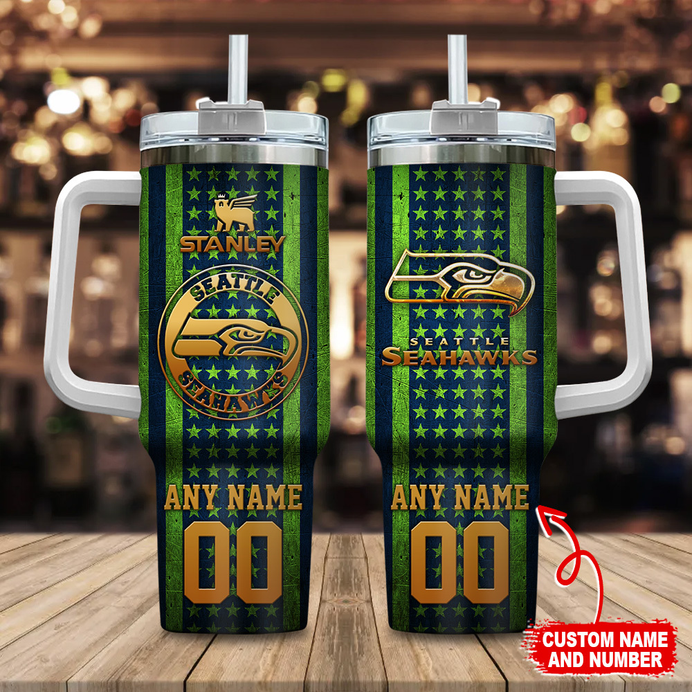 Seattle Seahawks NFL Golden Logos US Flag Custom Stanley Quencher 40oz Stainless Steel Tumbler With Handle