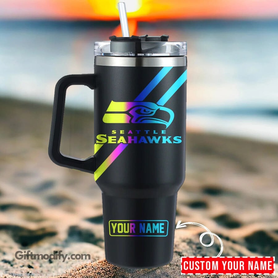 Seattle Seahawks NFL Hologram Logo Custom Stanley Quencher 40oz Stainless Steel Tumbler With Handle