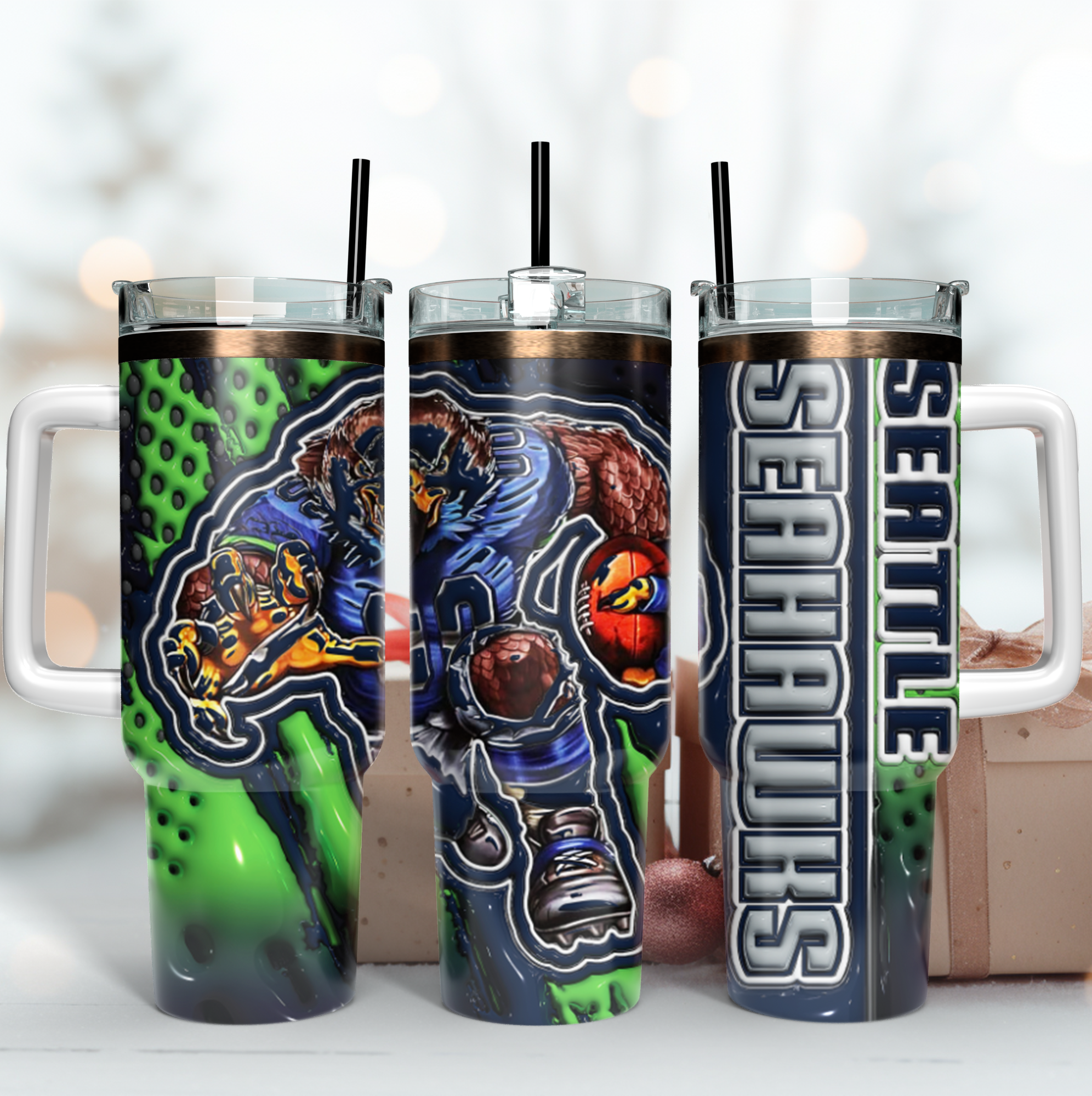 Seattle Seahawks NFL Mascot Custom Stanley Quencher 40oz Stainless Steel Tumbler With Handle
