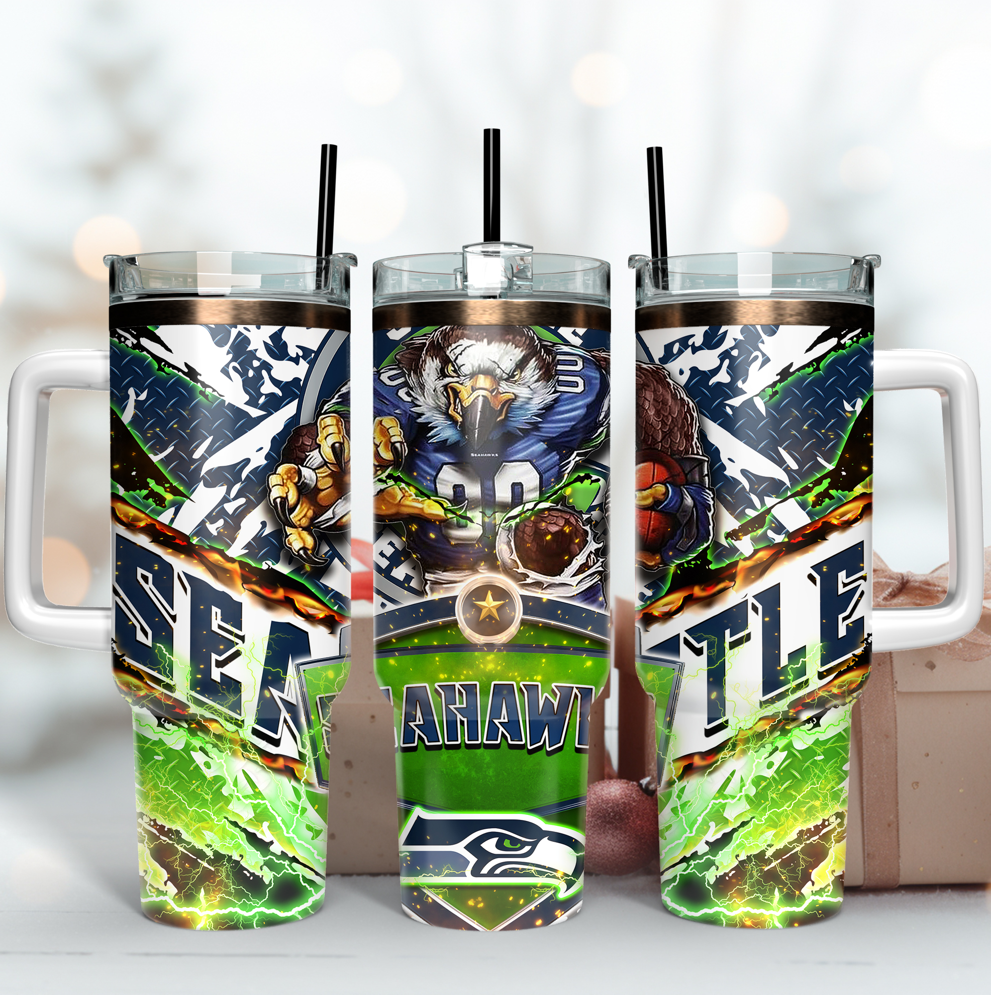 Seattle Seahawks NFL Mascot Custom Stanley Quencher 40oz Stainless Steel Tumbler With Handle