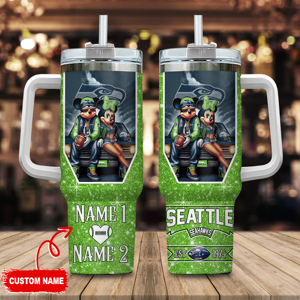 Seattle Seahawks NFL Mickey And Minnie Couple Custom Stanley Quencher 40oz Stainless Steel Tumbler With Handle