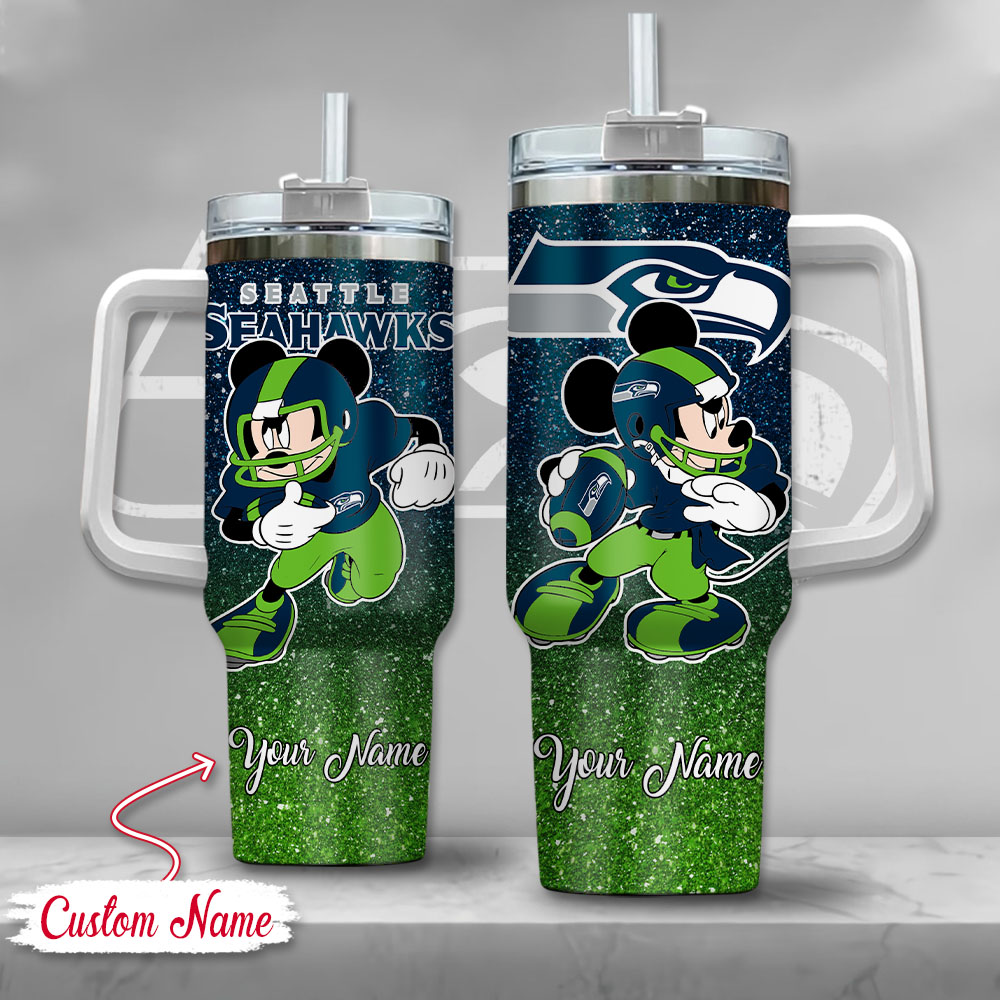 Seattle Seahawks NFL Mickey Mouse Glitter Custom Stanley Quencher 40oz Stainless Steel Tumbler With Handle