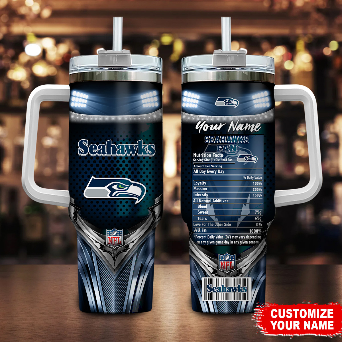 Seattle Seahawks NFL Nutrition Facts Custom Stanley Quencher 40oz Stainless Steel Tumbler With Handle