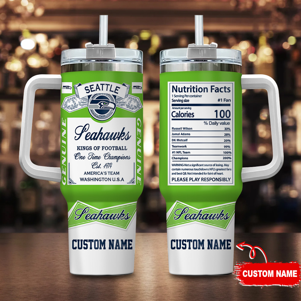 Seattle Seahawks NFL Nutrition Facts Custom Stanley Quencher 40oz Stainless Steel Tumbler With Handle