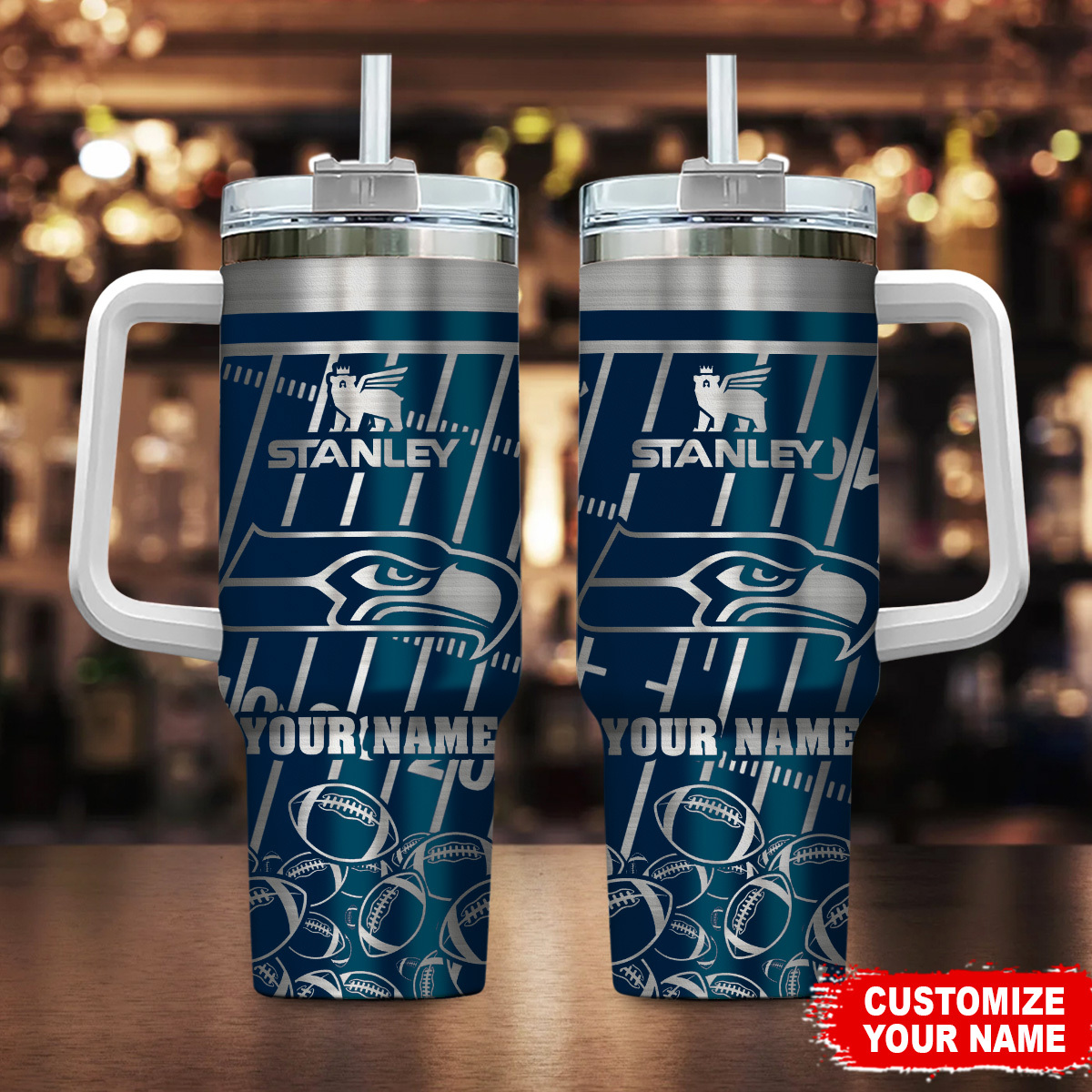Seattle Seahawks NFL Silver Custom Stanley Quencher 40oz Stainless Steel Tumbler With Handle