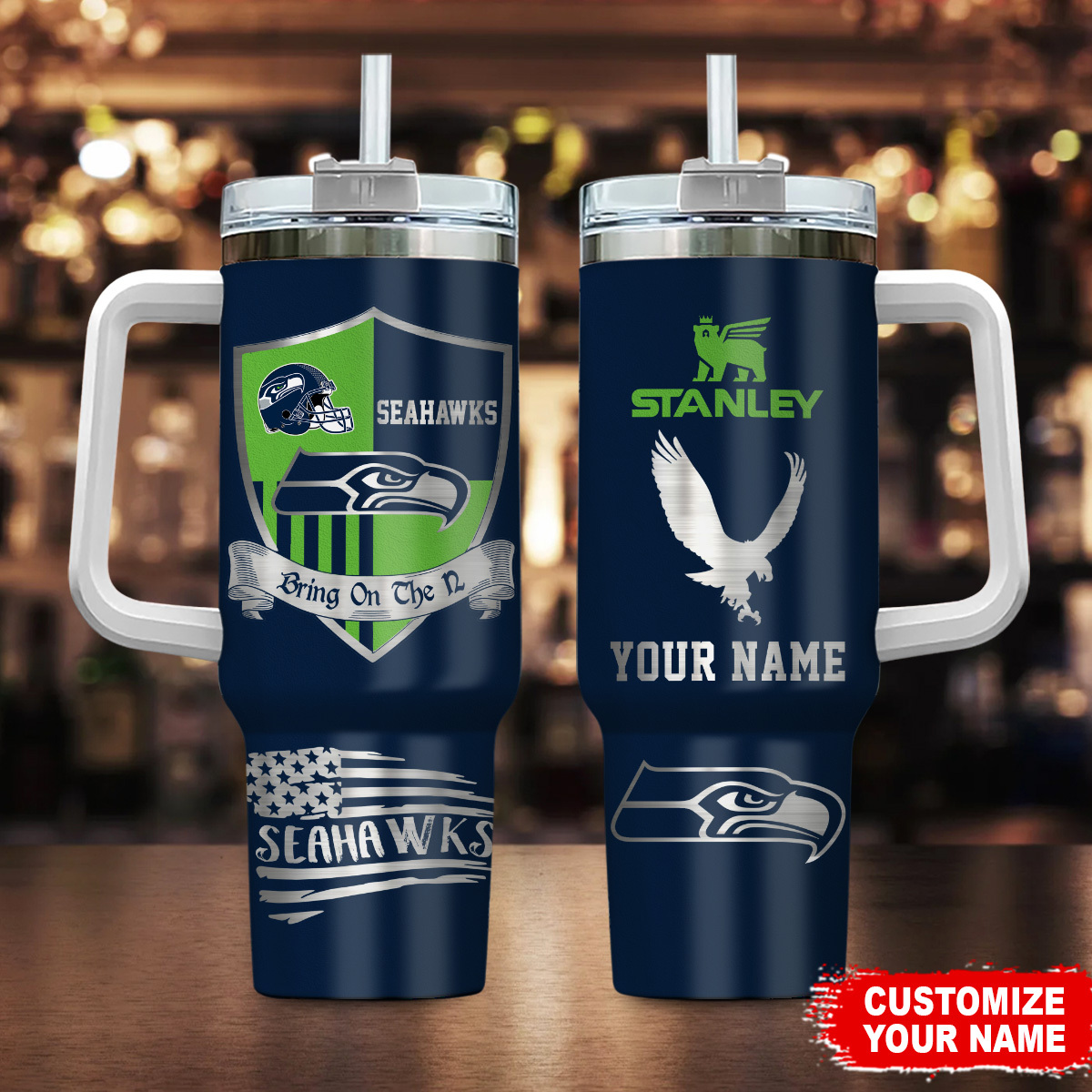 Seattle Seahawks NFL Silver Logo Custom Stanley Quencher 40oz Stainless Steel Tumbler With Handle