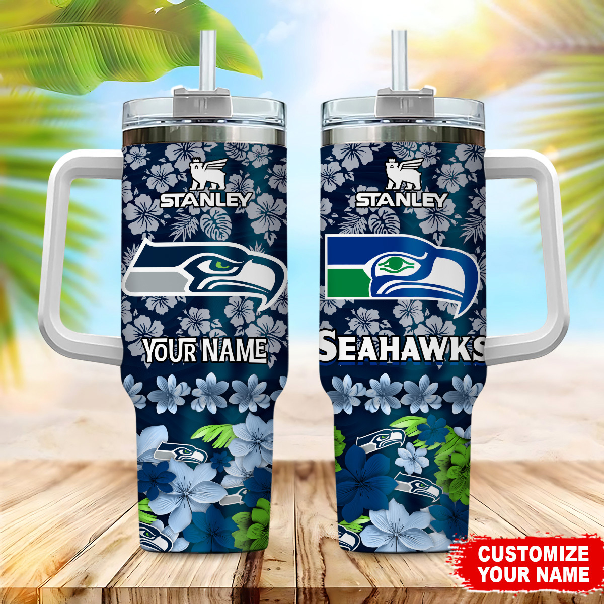 Seattle Seahawks NFL Tropical Floral Custom Stanley Quencher 40oz Stainless Steel Tumbler With Handle