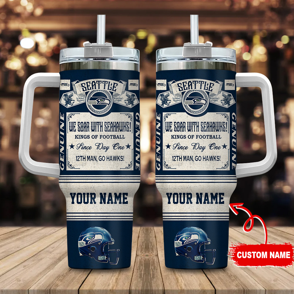 Seattle Seahawks NFL Vintage Kings Of Football Custom Stanley Quencher 40oz Stainless Steel Tumbler With Handle