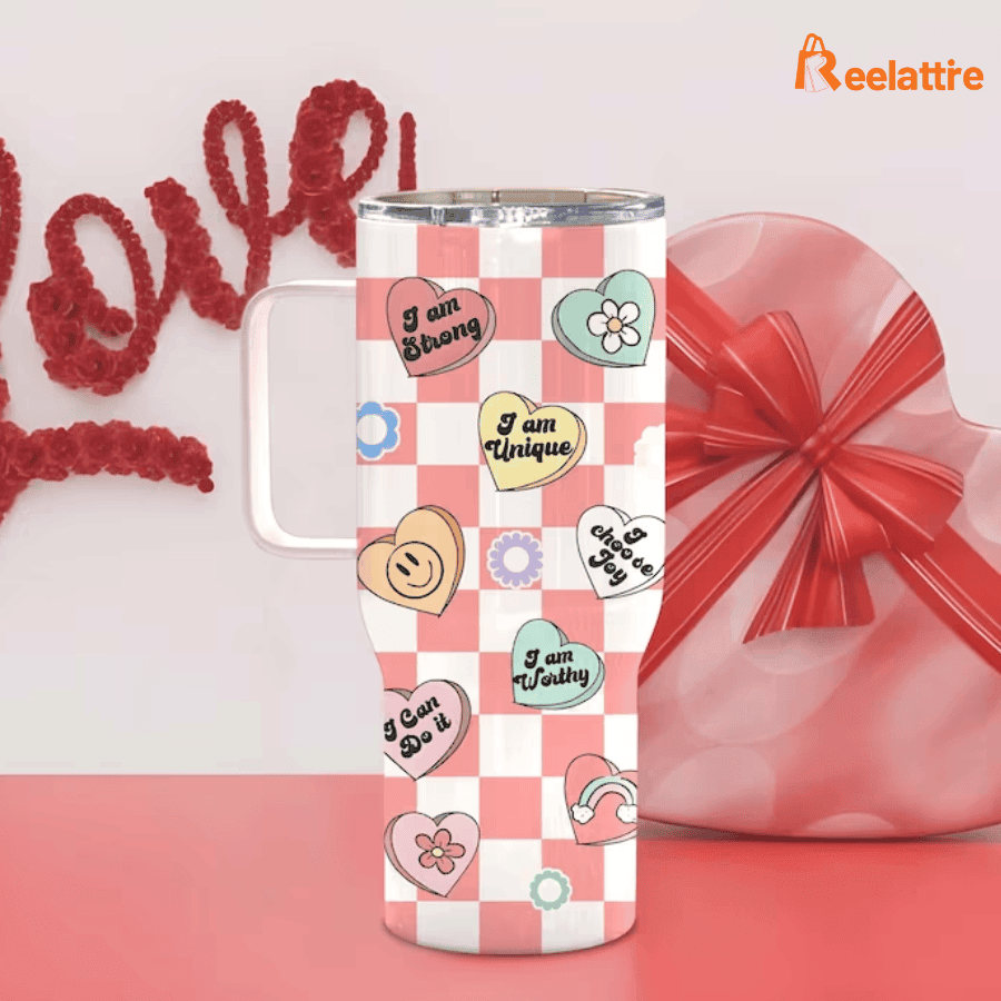 Self Love Candy Heart Festival Custom Stanley Quencher 40oz Stainless Steel Tumbler With Handle