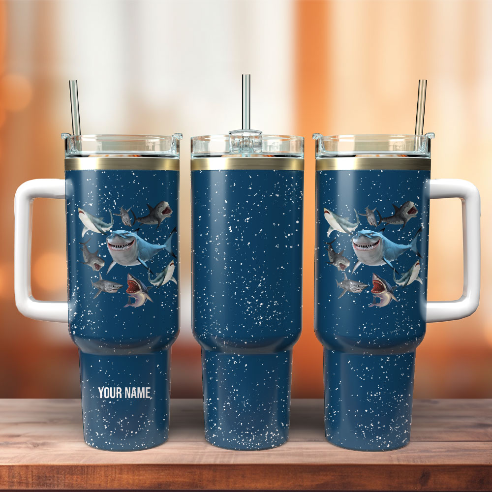 Shark Artwork Custom Stanley Quencher 40oz Stainless Steel Tumbler With Handle