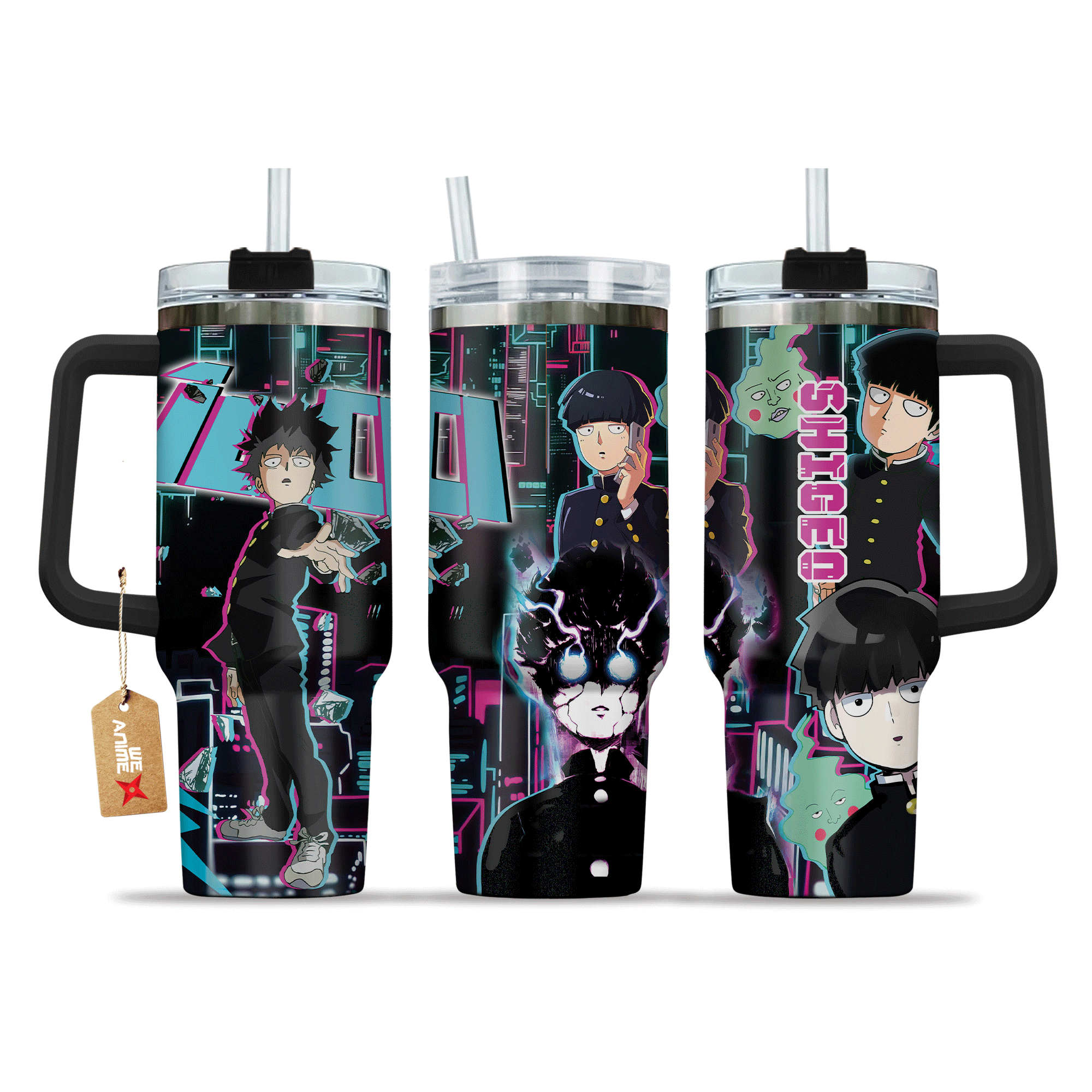Shigeo Kageyama Mob Psycho 100 Anime Custom Stanley Quencher 40oz Stainless Steel Tumbler With Handle