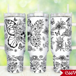 Skull Floral and Butterfly Custom Stanley Quencher 40oz Stainless Steel Tumbler With Handle