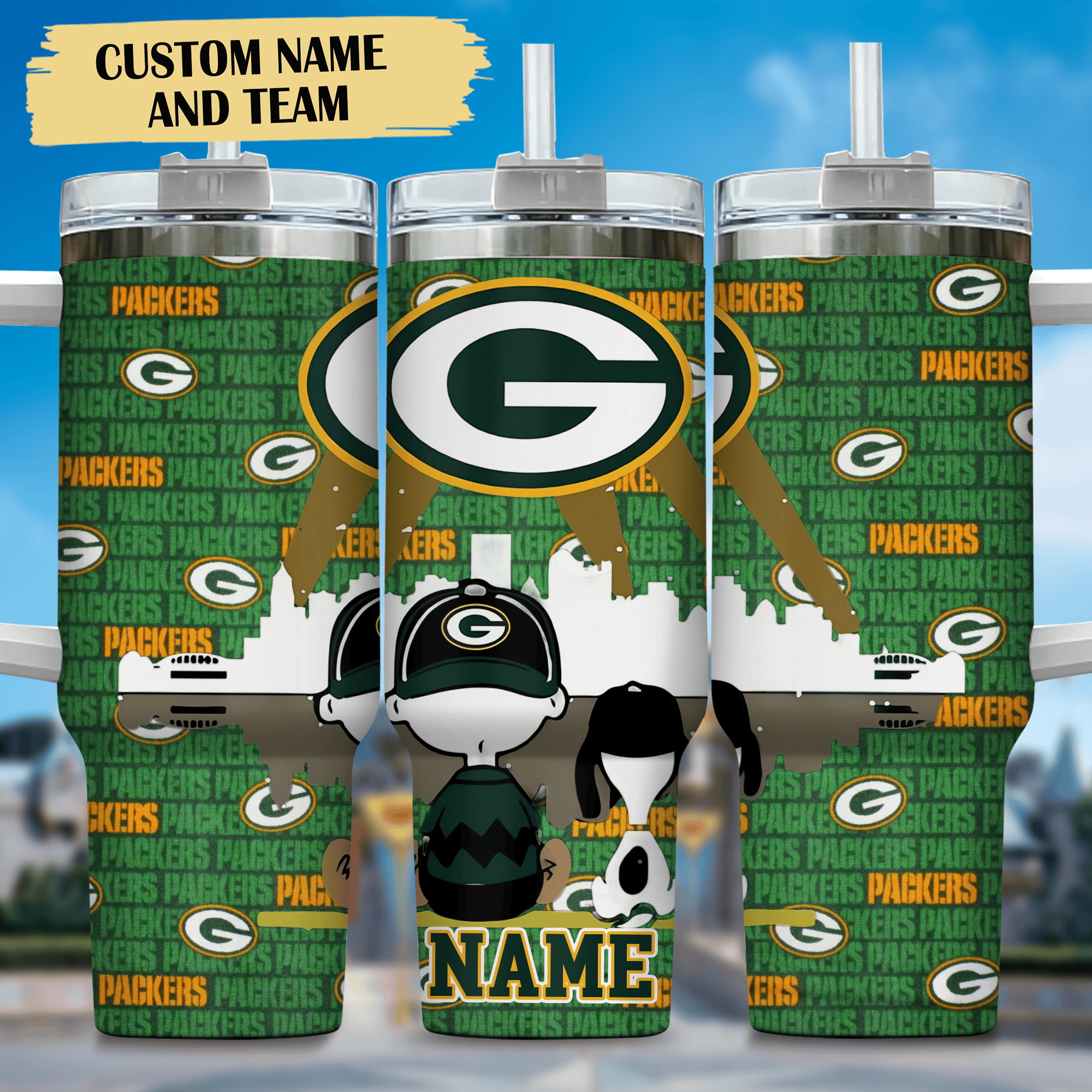 Snoopy and Green Bay Packers Cartoon,NFL Custom Stanley Quencher 40oz Stainless Steel Tumbler With Handle