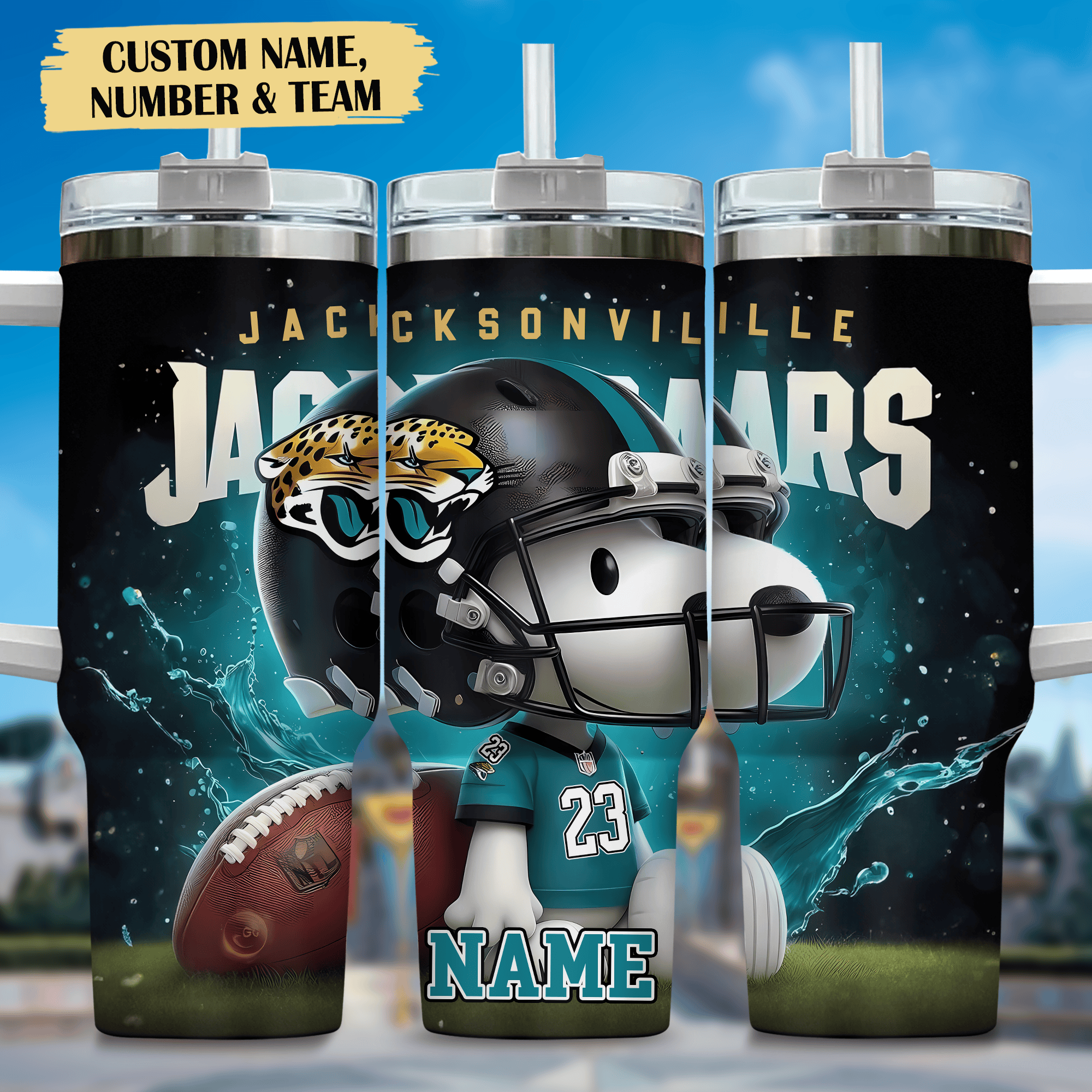 Snoopy and Jacksonville Jaguars Cartoon,NFL Custom Stanley Quencher 40oz Stainless Steel Tumbler With Handle