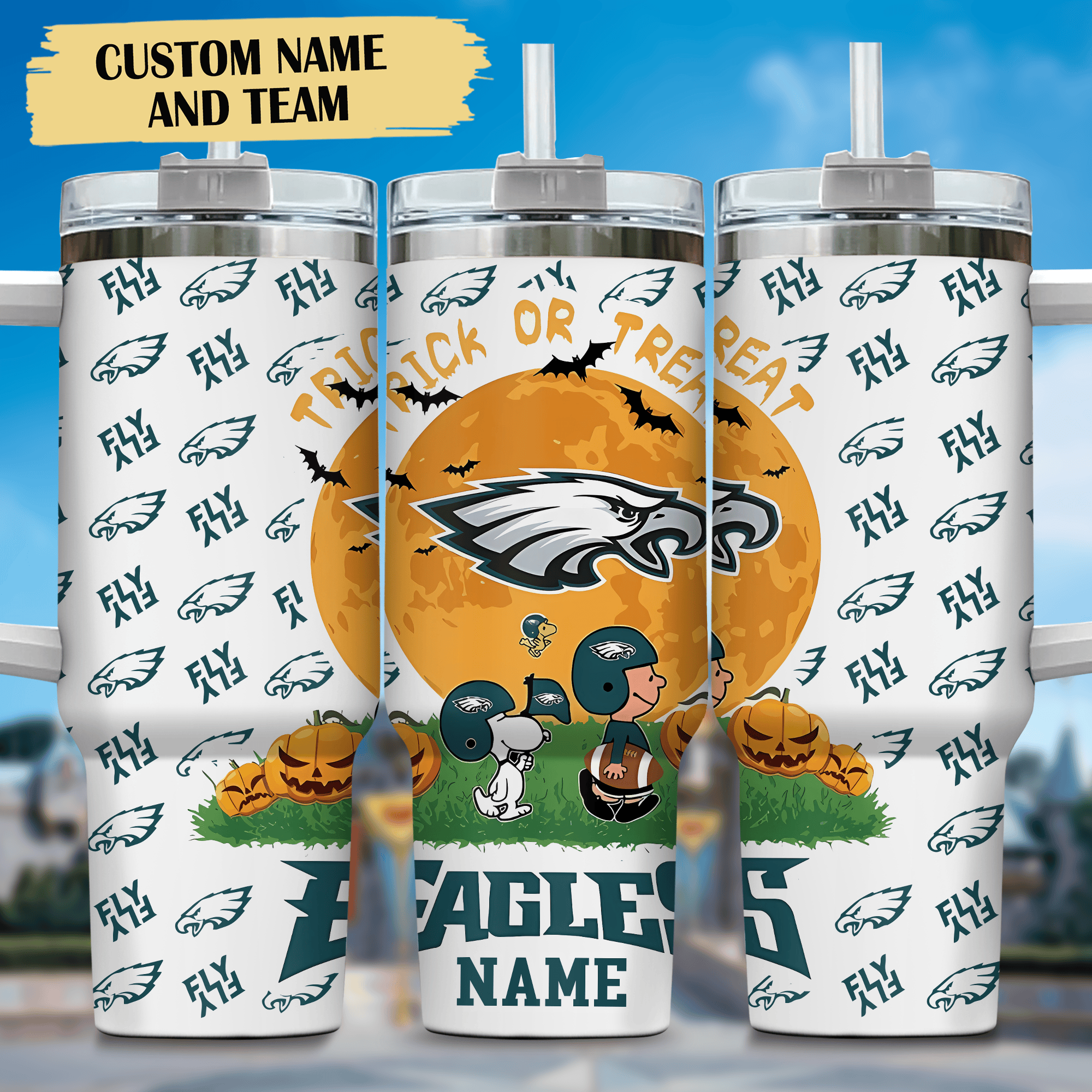Snoopy and Philadelphia Eagles Cartoon,NFL Custom Stanley Quencher 40oz Stainless Steel Tumbler With Handle