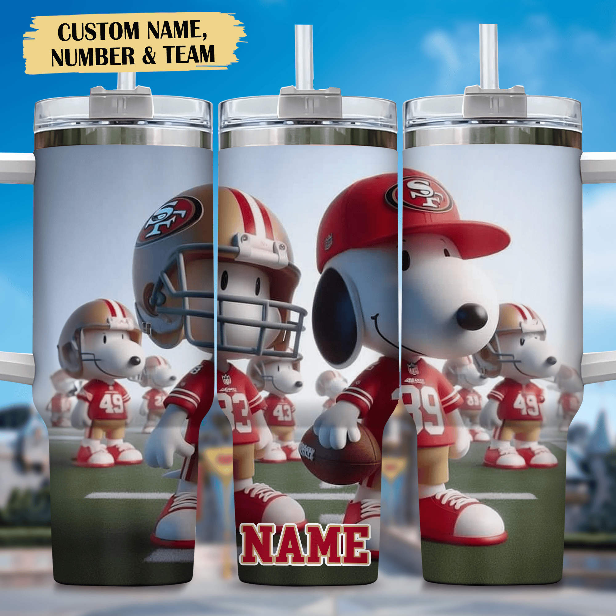 Snoopy and San Francisco 49ers Cartoon,NFL Custom Stanley Quencher 40oz Stainless Steel Tumbler With Handle