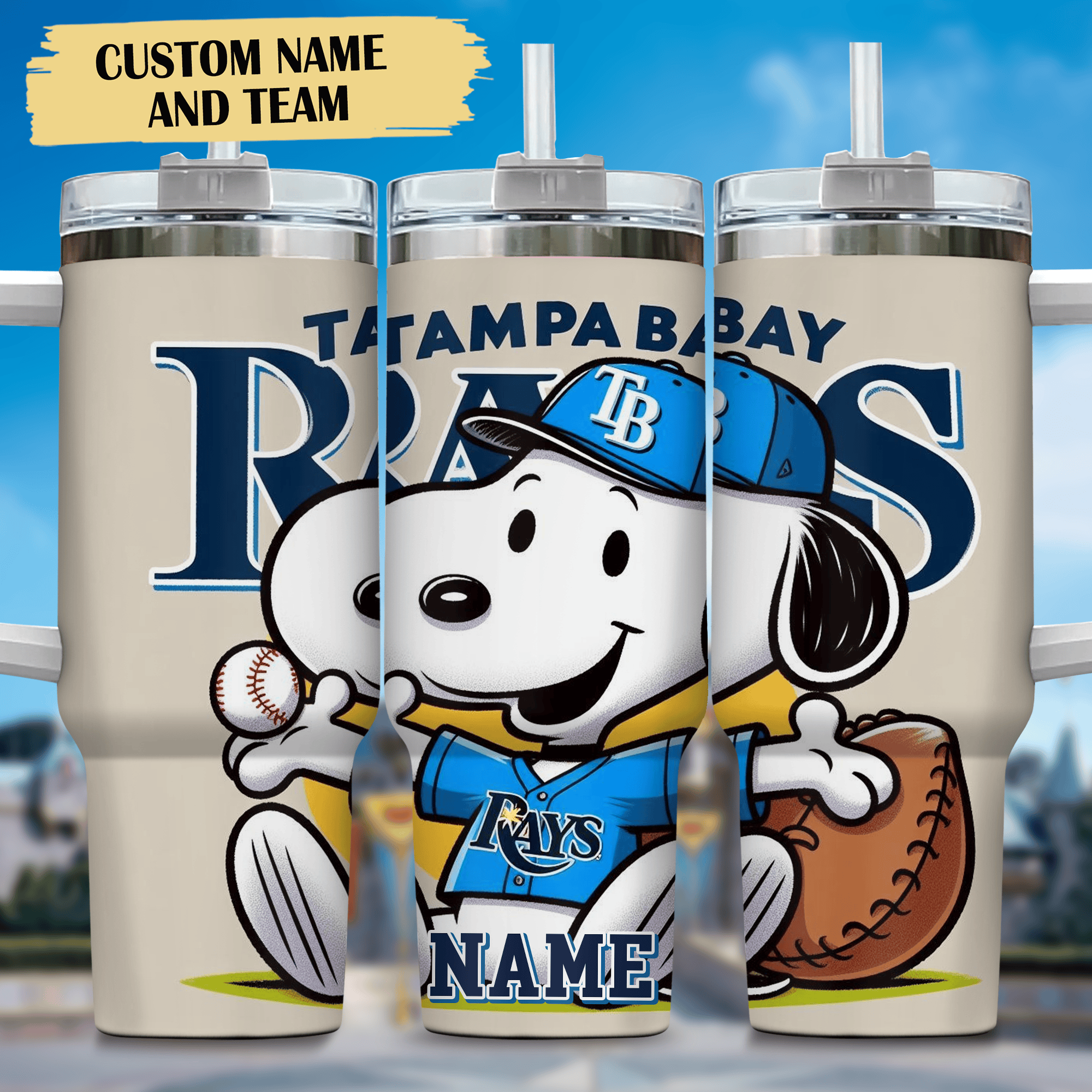 Snoopy and Tampa Bay Rays Cartoon,MLB Custom Stanley Quencher 40oz Stainless Steel Tumbler With Handle