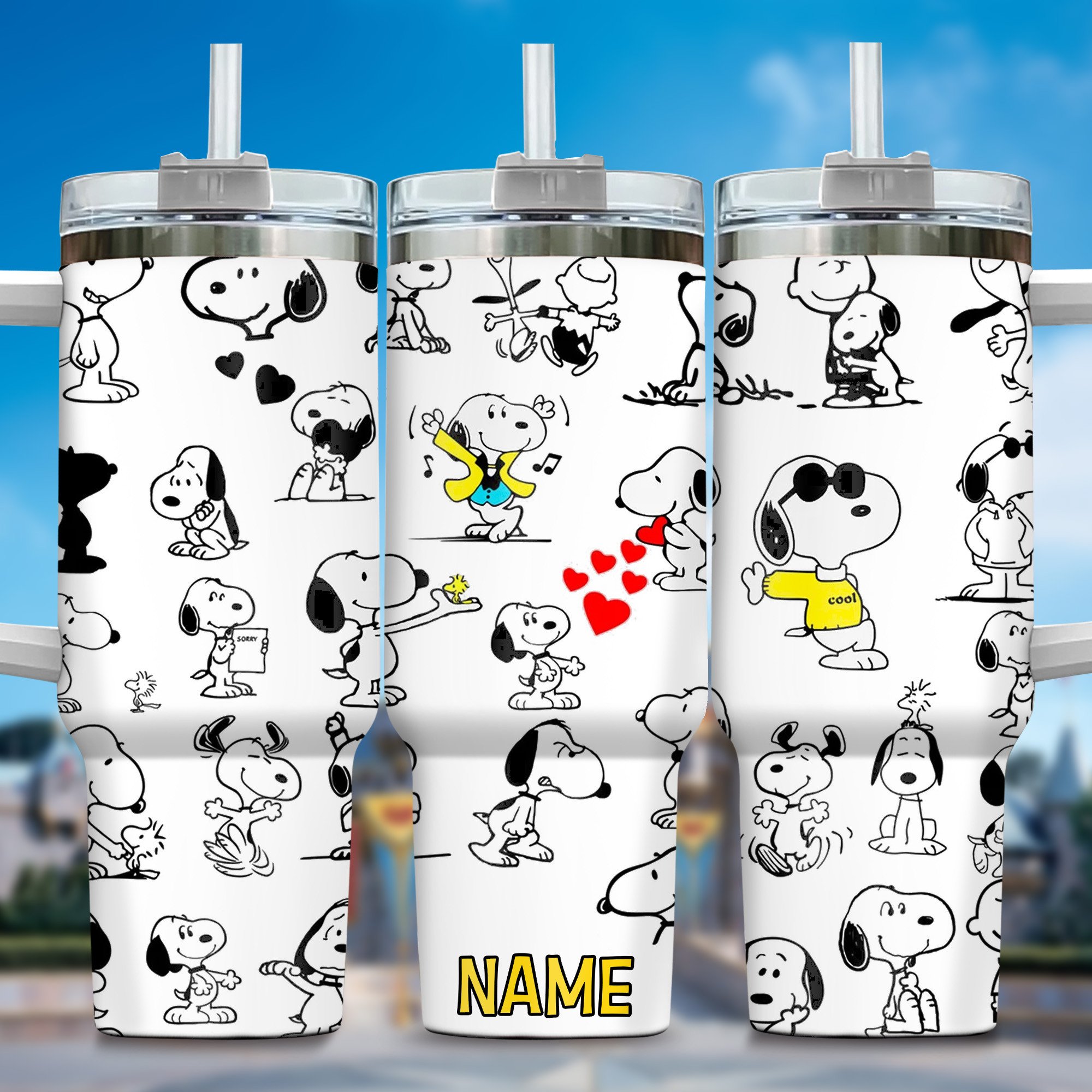 Snoopy Cartoon Custom Stanley Quencher 40oz Stainless Steel Tumbler With Handle