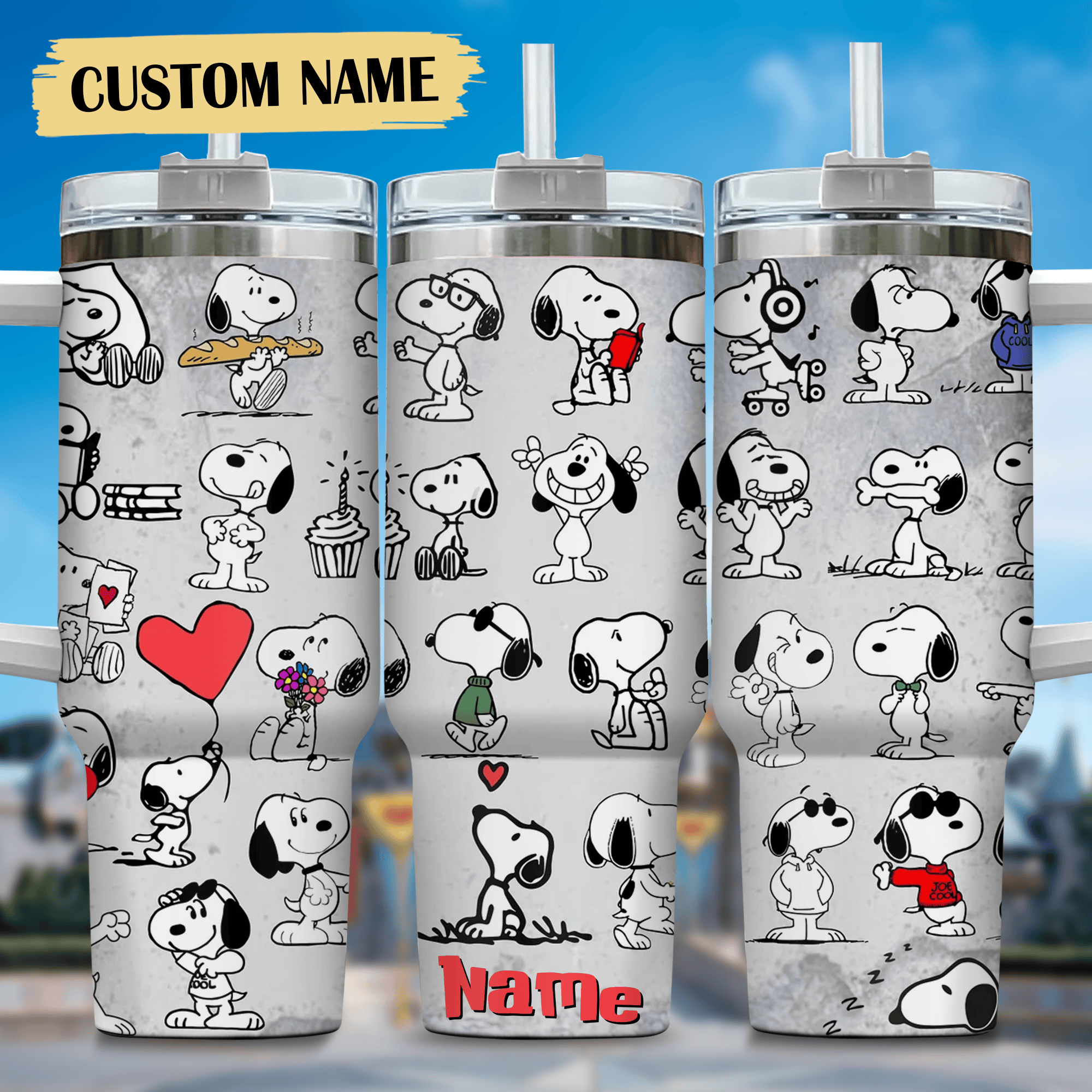 Snoopy Cartoon Custom Stanley Quencher 40oz Stainless Steel Tumbler With Handle