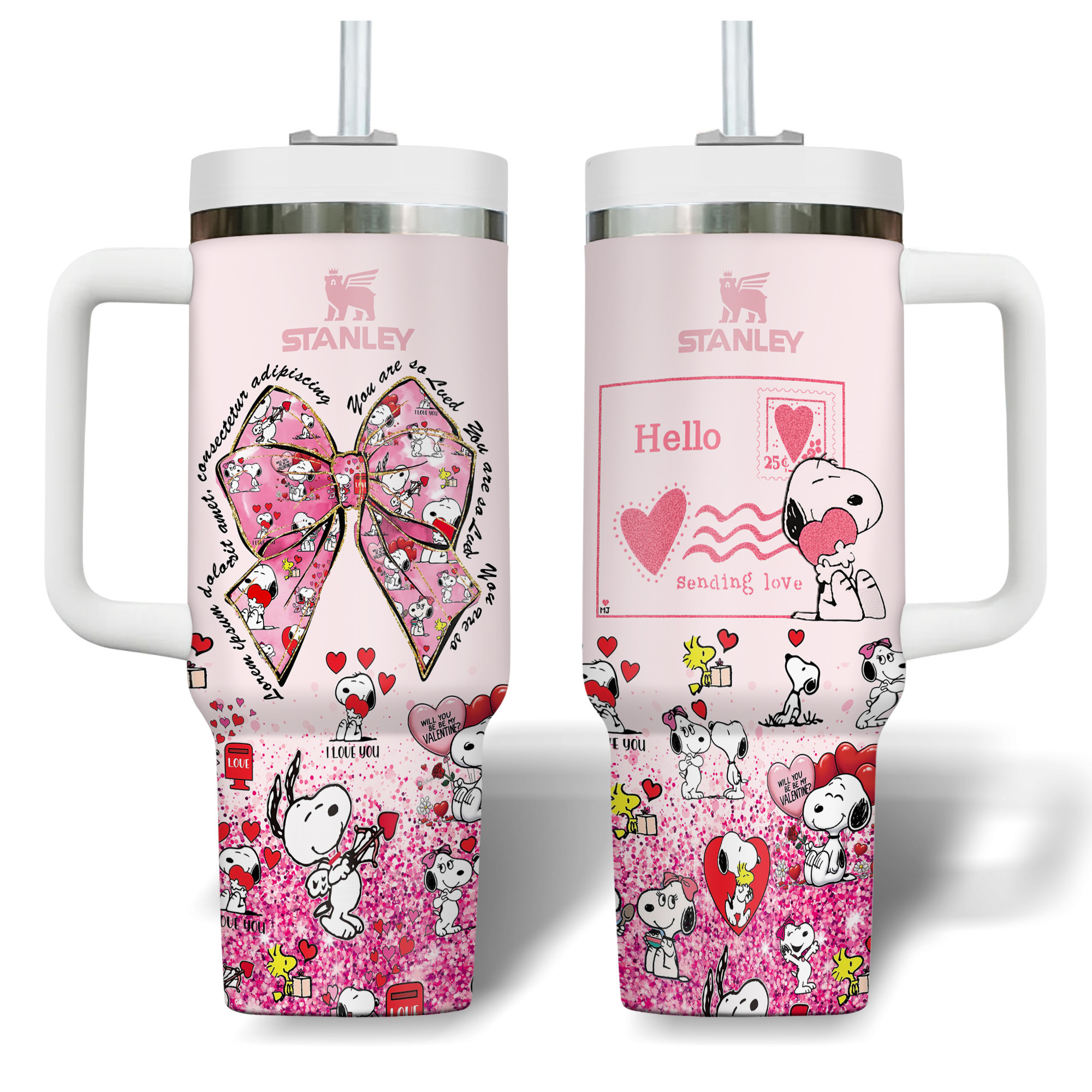 Snoopy Cartoon Valentine Custom Stanley Quencher 40oz Stainless Steel Tumbler With Handle