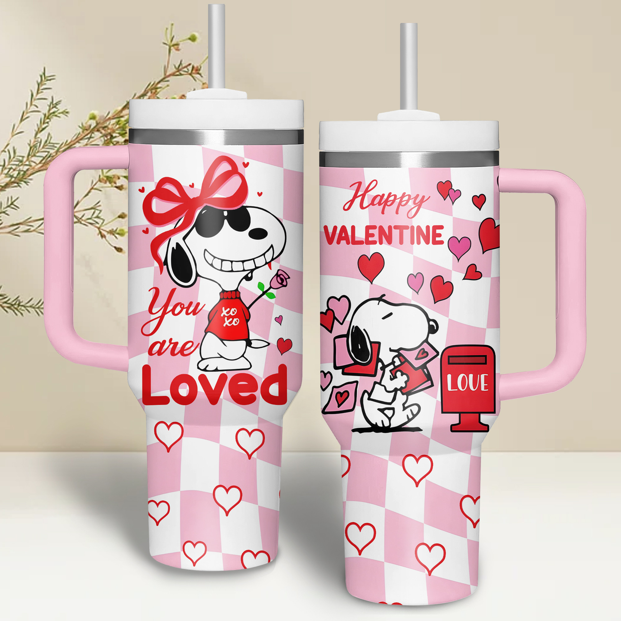 Snoopy Cartoon Valentine Custom Stanley Quencher 40oz Stainless Steel Tumbler With Handle