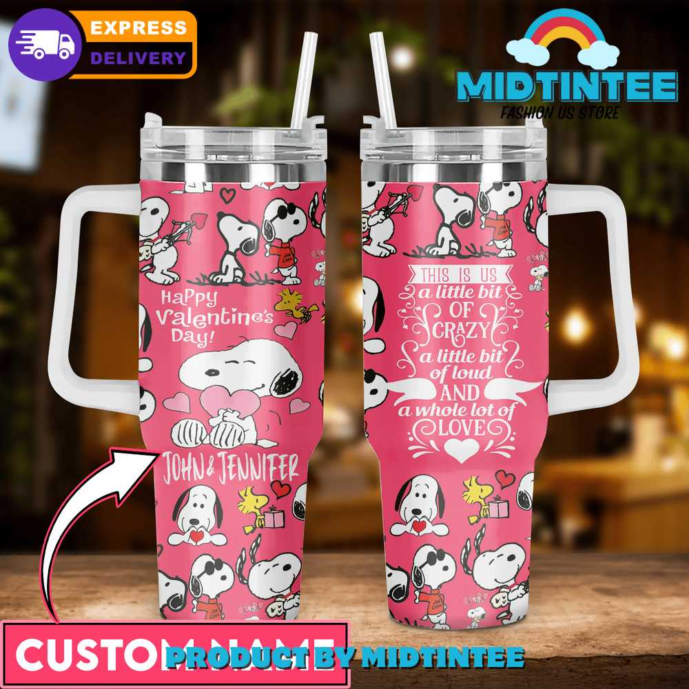 Snoopy Happy Valentines Day Cartoon Custom Stanley Quencher 40oz Stainless Steel Tumbler With Handle