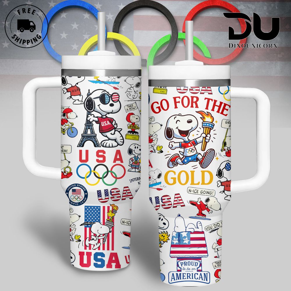 Snoopy USA Olympic Paris 2024 Custom Stanley Quencher 40oz Stainless Steel Tumbler With Handle