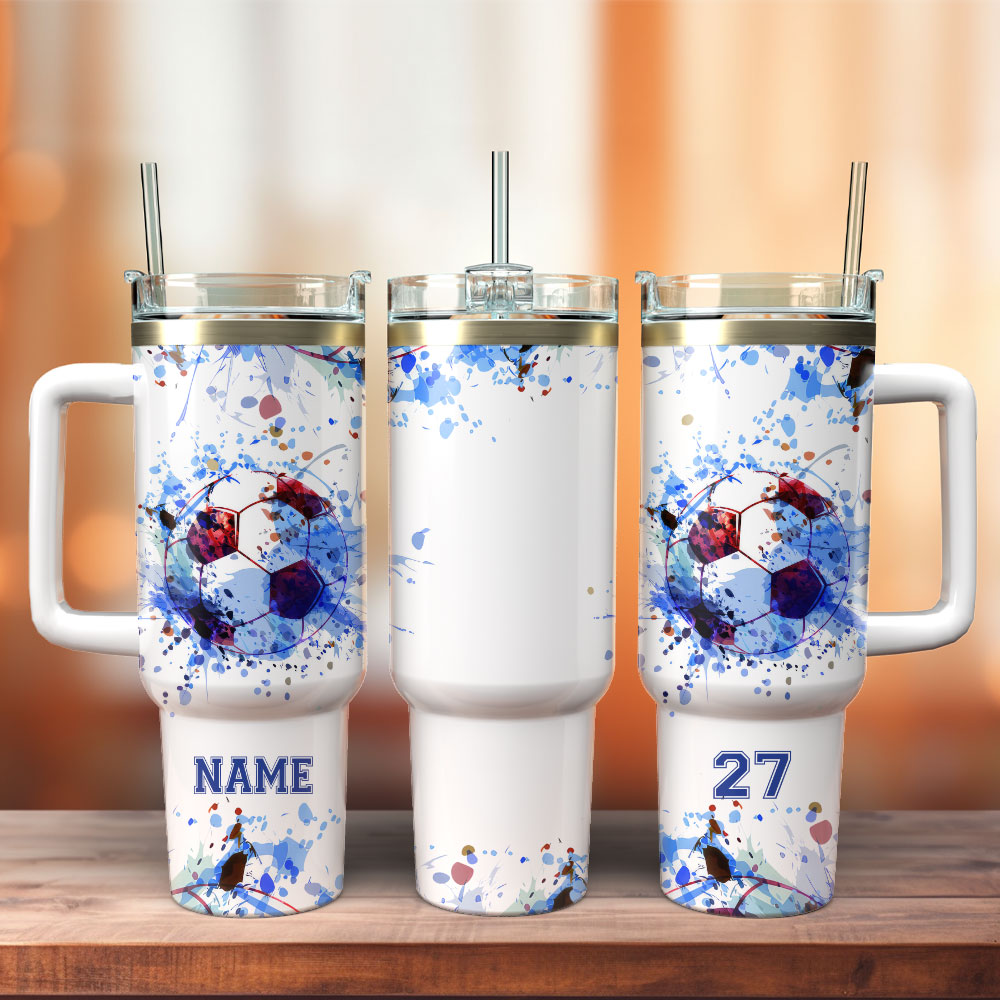 Soccer Ball Watercolor Sport Custom Stanley Quencher 40oz Stainless Steel Tumbler With Handle