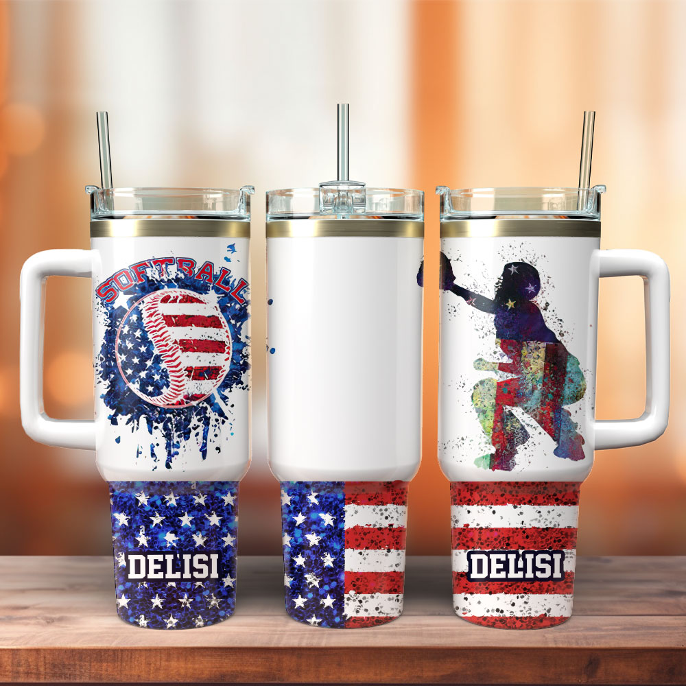 Softball American Flag Custom Stanley Quencher 40oz Stainless Steel Tumbler With Handle