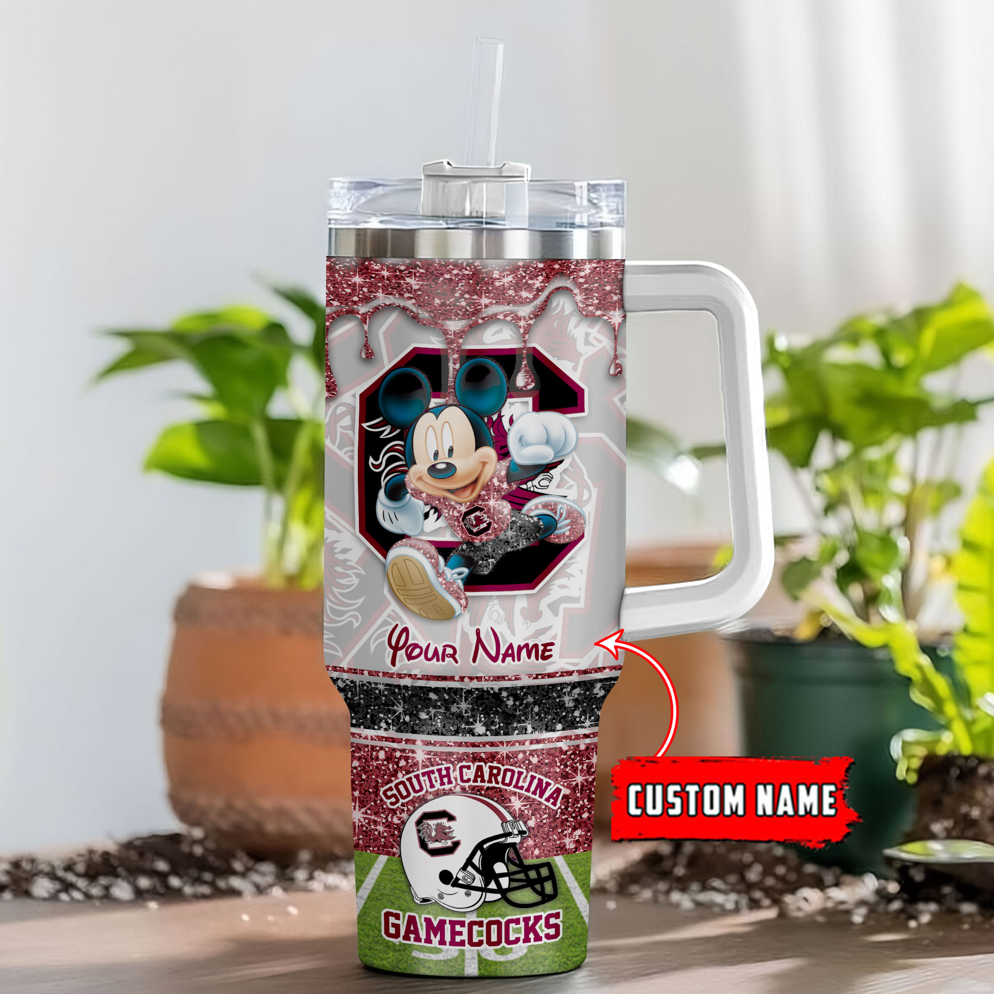 South Carolina Gamecocks NCAA Mickey Mouse Glitter Custom Stanley Quencher 40oz Stainless Steel Tumbler With Handle